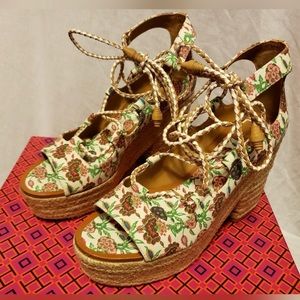 Tory BurchAntiquity Positano Lace-up Espadrilles Sandals Platforms Sz US 7.5